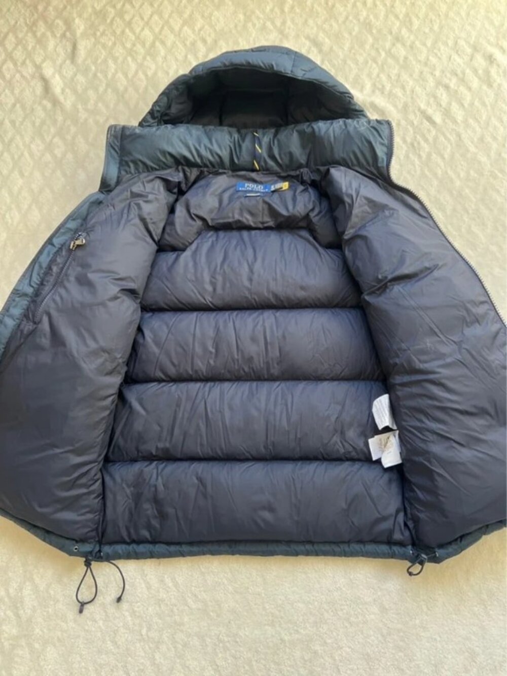 Men’s Ralph Lauren Navy Blue Hooded Down Puffer Jacket Red Pony Logo Size XS